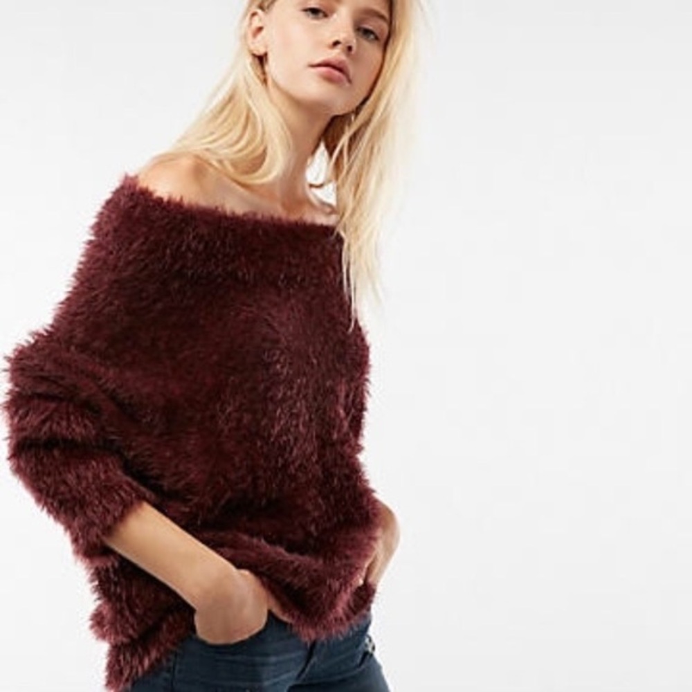 Express Off-the-Shoulder Fuzzy Sweater in Burgundy